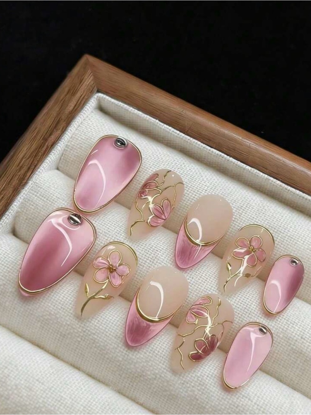 Soft Pink Floral Press-On Nails with Gold Trim
